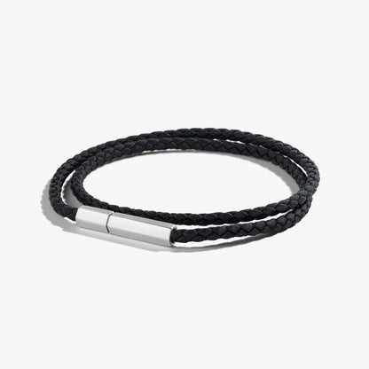Black Nappa leather double-wrap bracelet with a hexagonal 18k white gold magnetic clasp