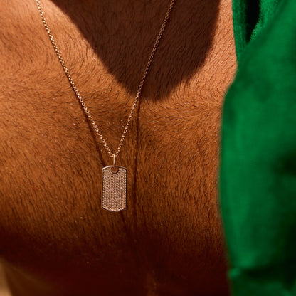 18k rose gold and cognac diamond Pavé-set dog tag pendant necklace worn on chest