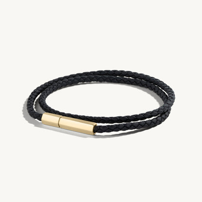Black double-wrap hexagonal nappa leather bracelet with 18k yellow-gold clasp.
